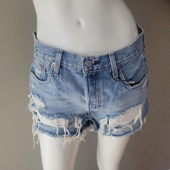 Levis Premium 501 High Rise Destroyed Denim Shorts